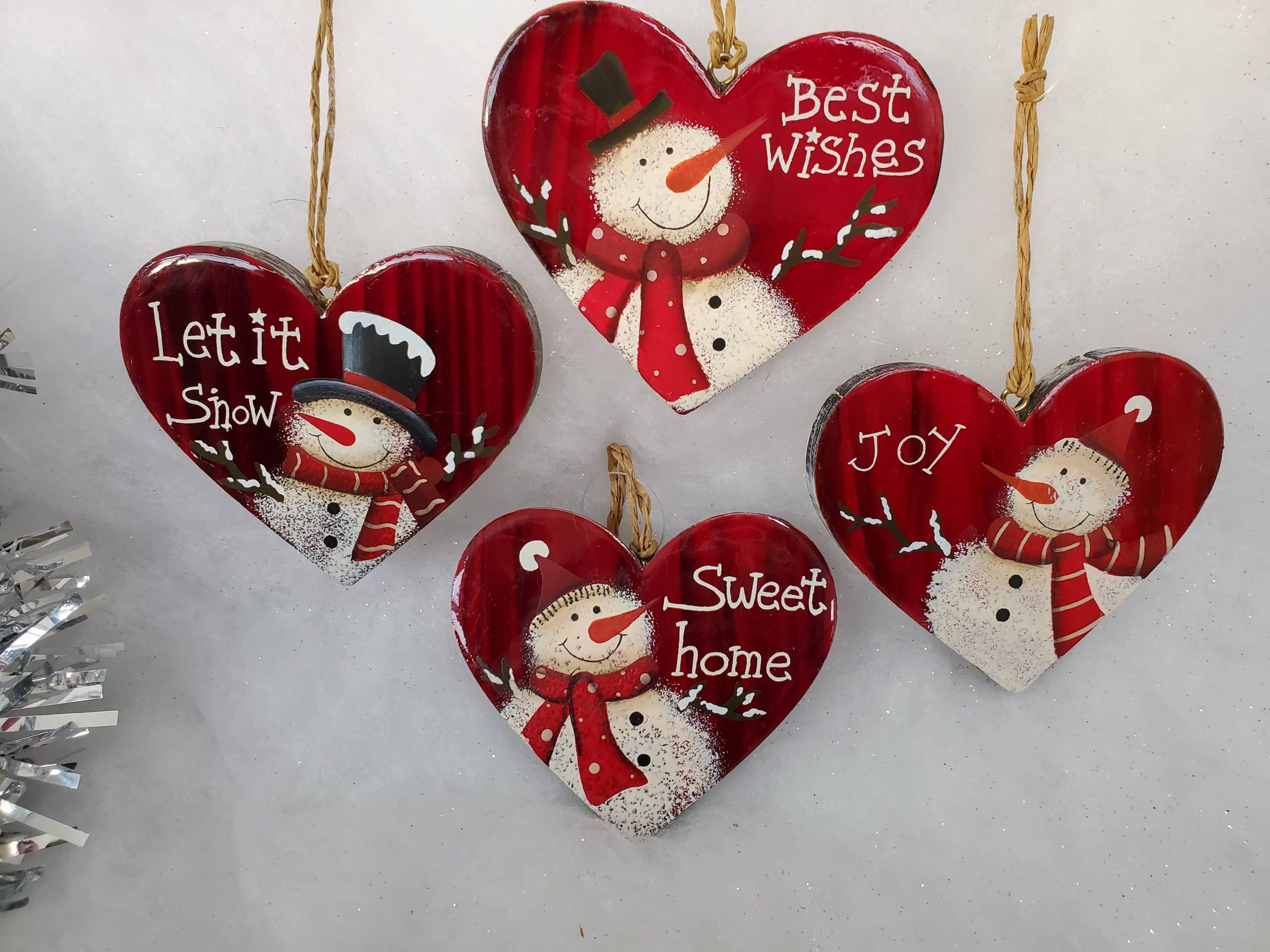 Heart shaped tree decorations with Snowman