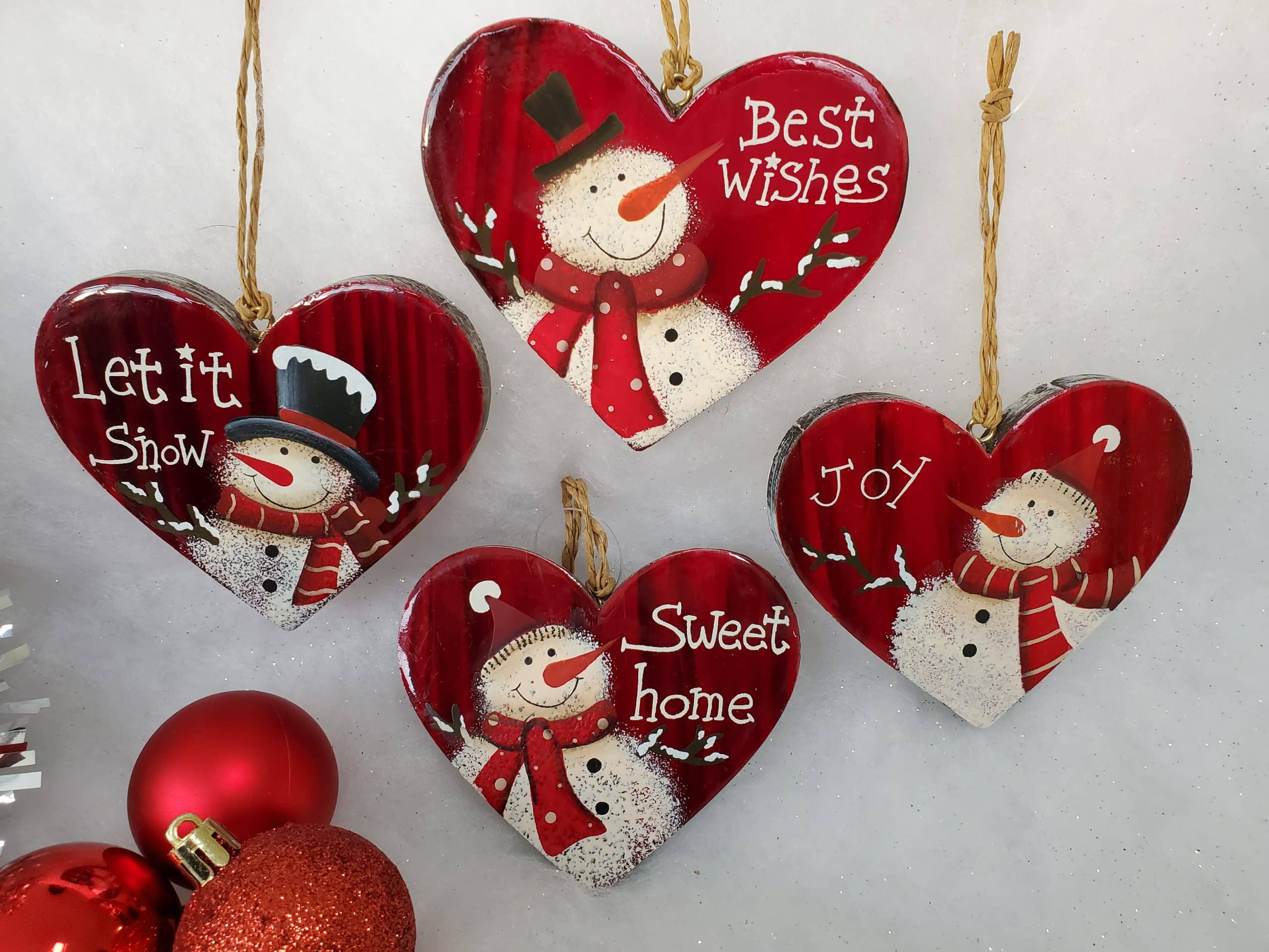 Heart shaped tree decorations with Snowman