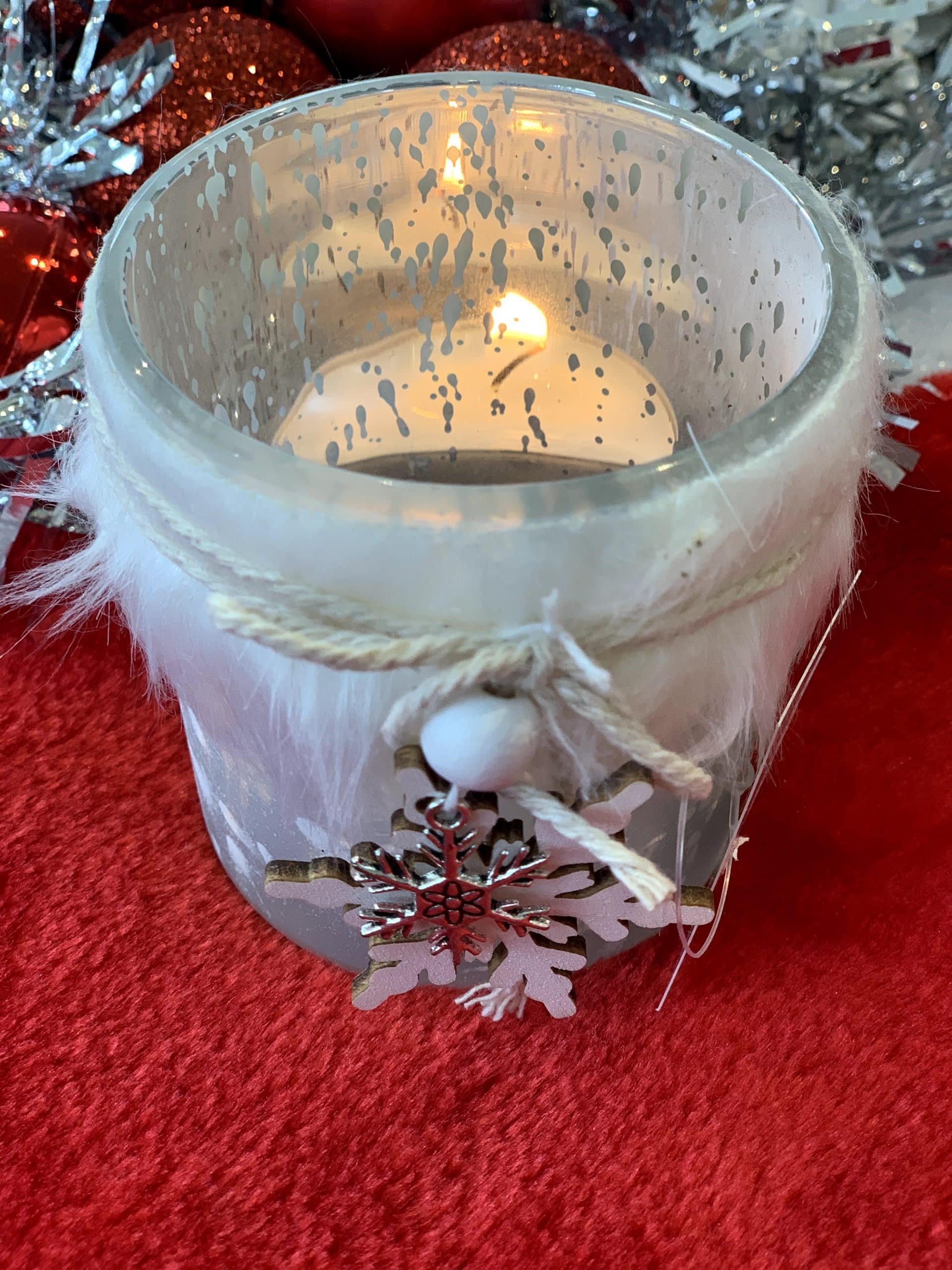 Tealight Holder with Fur Trim and Snowflakes