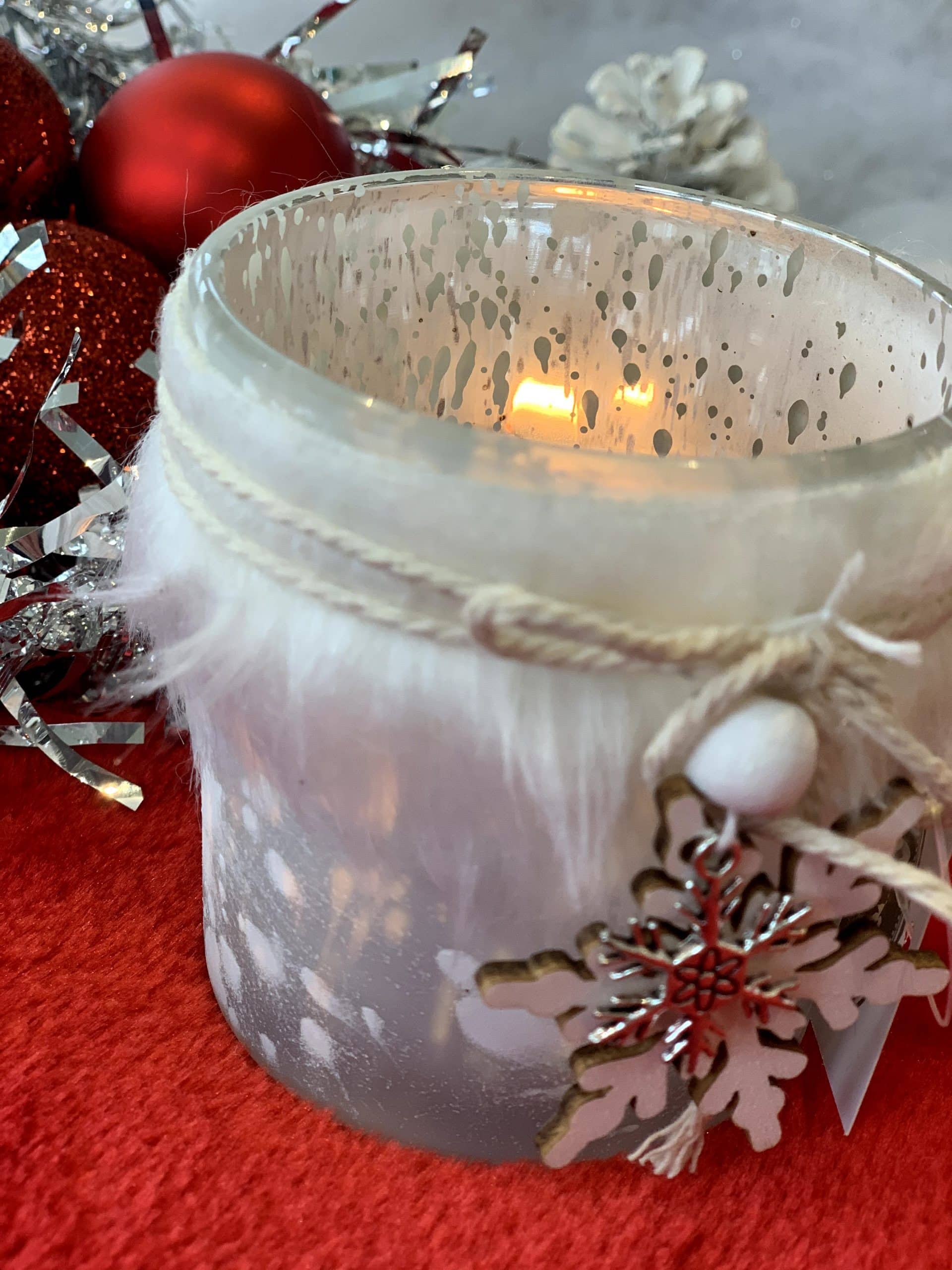 Tealight Holder with Fur Trim and Snowflakes